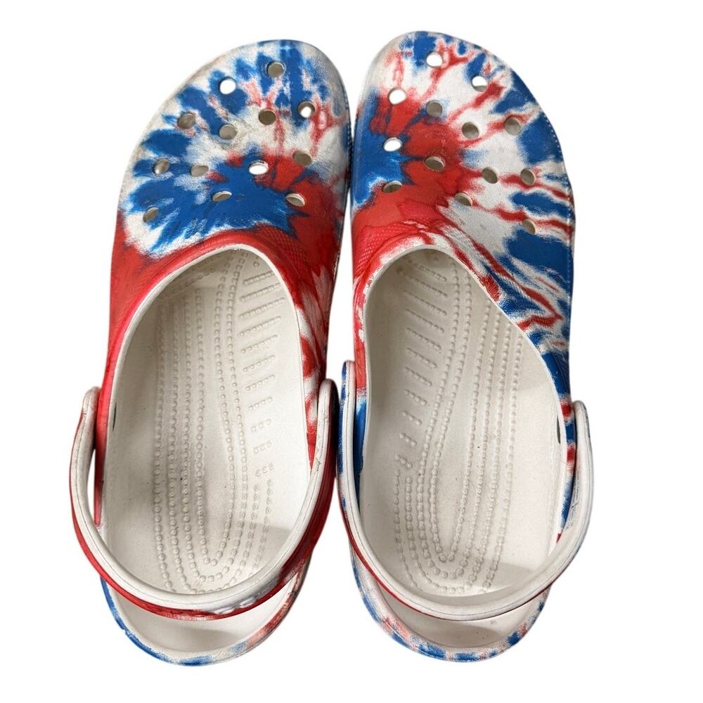Crocs Classic Tie Dye Clogs Mens Size 13 Red White Blue Slip On Shoes